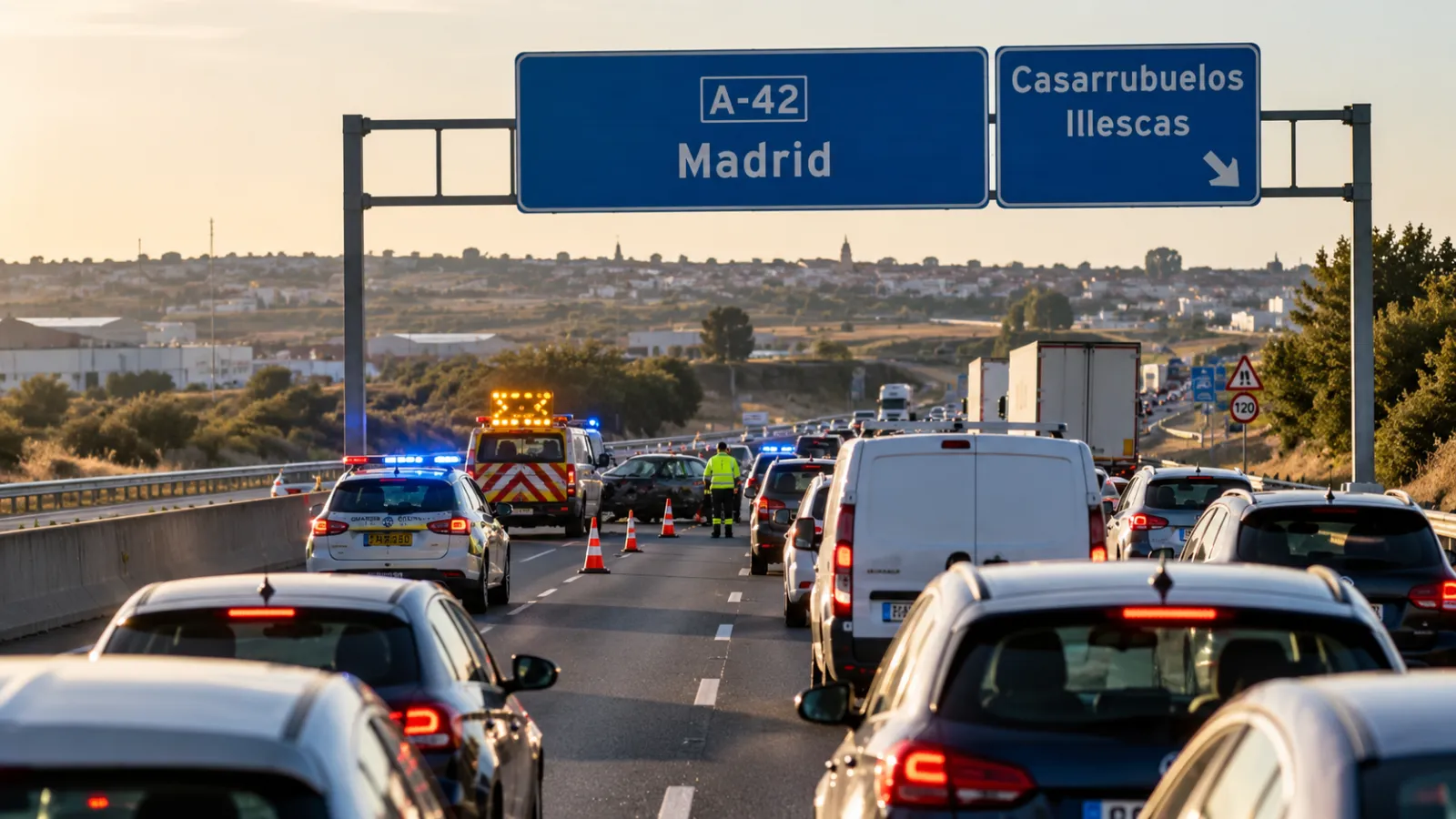 Tráfico en la autovía A-42 cerca de Illescas, donde se ha registrado un accidente a la altura de Casarrubuelos.