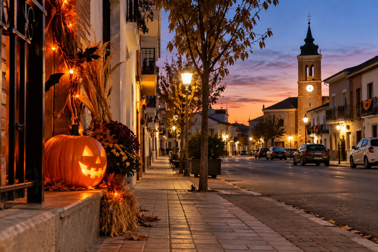 Casa decorada con calabazas, fantasmas y luces para Halloween.