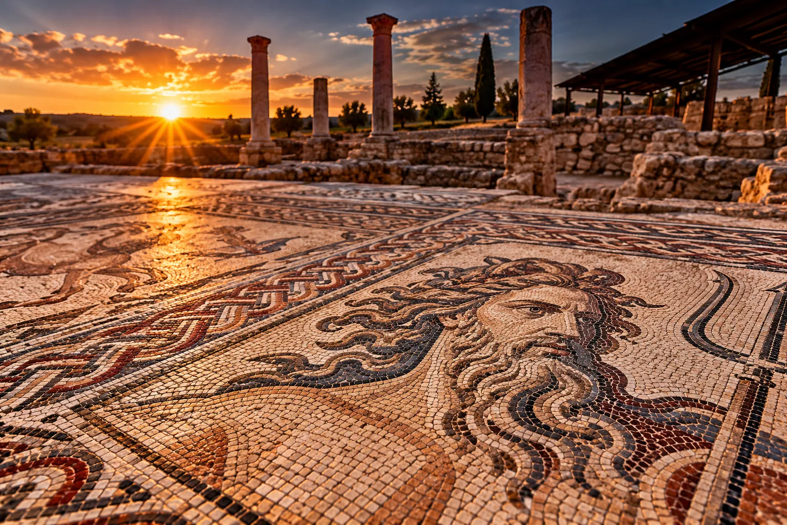 Restos arqueológicos y mosaicos de la antigua villa romana de Carranque, Toledo.